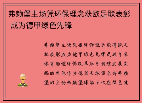 弗赖堡主场凭环保理念获欧足联表彰 成为德甲绿色先锋